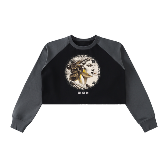 Raw-Hem Color-Block Raglan Crop Sweatshirt